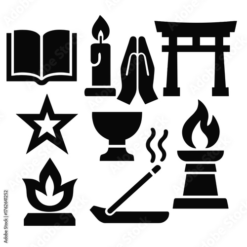 Holy Traditions silhouette set: open book, burning candle, worship hands, temple gate, star symbol, altar cup, incense stick, holy flame. , , High resolution, sharp vector-like