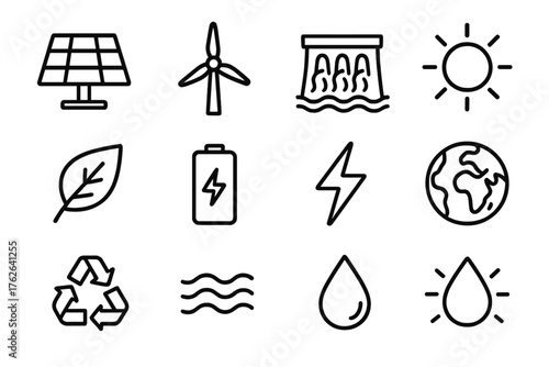 Sustainable Energy outline icon set: solar panel, windmill, hydro dam, sun, leaf, battery, lightning, earth, recycling circle, wave, droplet, glow lines. , , High resolution, sharp