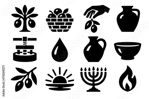 Hanukkah Harvest silhouette set: olive tree, basket of olives, hand picking fruit, clay jar, oil press, droplet, jug, bowl, leaf branch, sunlight, menorah, flame. , , High