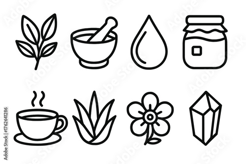 Natural Remedies outline icon set: herbal leaves, mortar and pestle, essential oil drop, honey jar, tea cup, aloe vera, flower blossom, crystal stone.