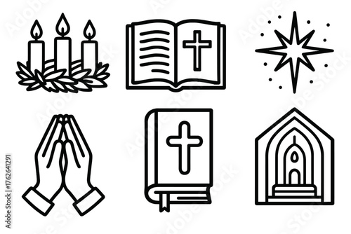Advent Holy Season outline icon set: candle wreath, scripture page, shining star, chapel interior, golden light, prayer hands, sacred book, calm night. , , High resolution, sharp