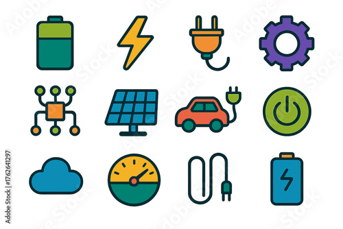 Battery Systems flat icons: battery, lightning bolt, charging plug, gear, circuit board, solar panel, electric car, power symbol, cloud, gauge, wire, energy cell. , , High