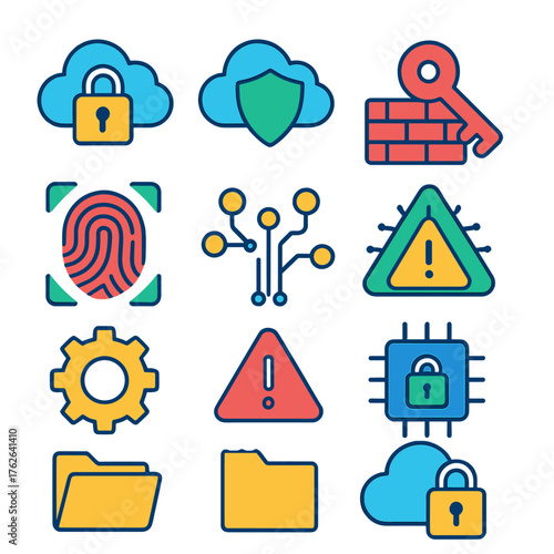 Cloud Safety flat icons: secure cloud, lock, shield, firewall, key, fingerprint, circuit board, data nodes, alert triangle, encryption chip, gear, file folder. , , High resolution,