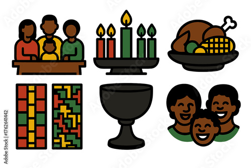 Kwanzaa Seasonal Gathering silhouette set: family at table, lit kinara, shared meal, kente decorations, unity cup, joyful faces. , , High resolution, sharp vector-like appearance,