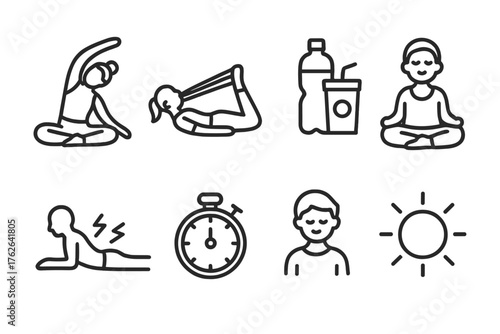Restorative Fitness outline icon set: gentle yoga, stretching band, towel, recovery drink, relaxed figure, muscle relief, timer, peaceful glow. , , High resolution, sharp