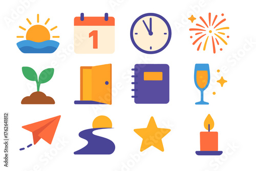 New Year New Beginnings flat icons: sunrise, calendar page, clock at midnight, seed sprout, open door, fireworks, notebook, champagne glass, paper plane, star, path forward, candle
