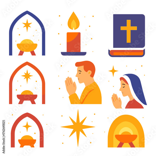 Christmas Night Worship flat icons: cathedral arch, candle flame, people praying, holy book, shining star, gentle light, manger symbol, midnight sky. , , High resolution, sharp