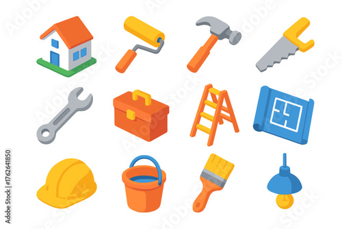Home Renovation Set flat isometric set: house, paint roller, hammer, saw, wrench, toolbox, ladder, blueprint, hard hat, bucket, brush, light fixture.