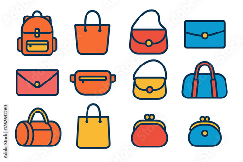 Everyday bags flat icons: backpack, tote bag, shoulder bag, wallet, clutch, belt bag, crossbody bag, duffel, gym bag, shopping bag, purse, coin pouch.