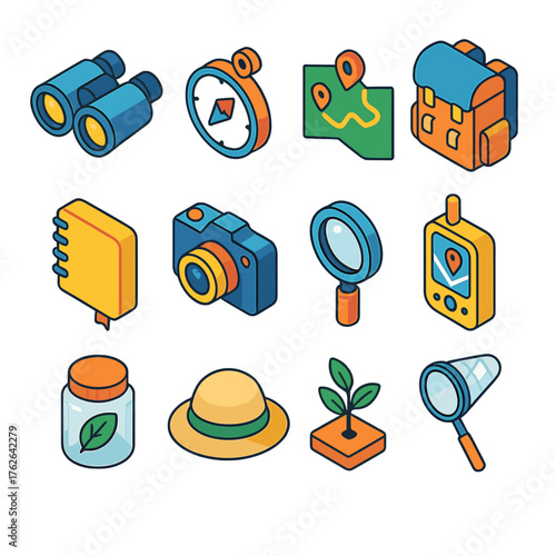 Field Studies flat isometric set: binoculars, compass, map, backpack, notebook, camera, magnifying glass, GPS device, sample jar, field hat, plant specimen, insect net.