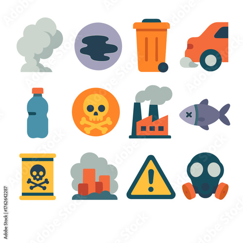 flat icons: smoke cloud, oil spill, garbage bin, car exhaust, plastic bottle, skull warning, factory pipes, dead fish, toxic barrel, smog haze, hazard triangle, gas mask.
