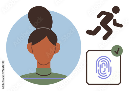 Female avatar facing forward, biometric fingerprint with a checkmark, and running figure icon. Ideal for identity, security, biometrics, motion, profile authentication individuality. Simple flat
