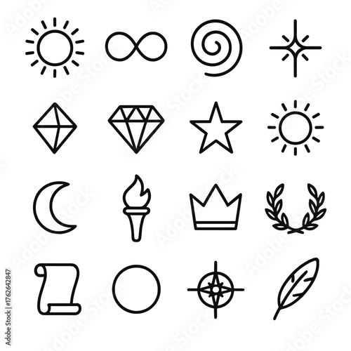 Symbolic Biography outline icon set: radiant aura, infinity loop, spiral, glowing spark, prism, diamond, star, sun, moon, torch flame, crown, laurel wreath, scroll, circle, compass