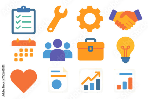 Service Projects flat icons: clipboard, checklist, wrench, gear, handshake, calendar, people group, toolbox, lightbulb idea, heart, document, progress chart.
