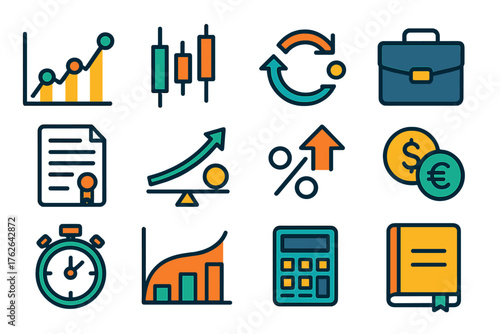 Trading Instruments Icons flat icons: line chart, candlestick graph, market exchange, briefcase, contract paper, leverage arrow, growth percentage, currency pair, financial