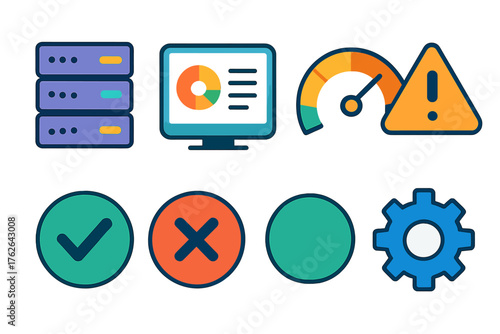 System Status flat icons: server, dashboard, gauge, alert triangle, checkmark, x mark, circle indicator, gear.