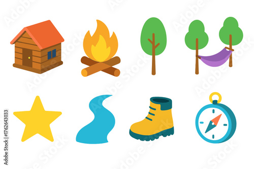 Nature Retreat flat isometric set: cabin, campfire, tree, hammock, star, river, boot, compass.