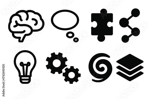 Cognitive perception silhouette set: brain outline, thought bubble, puzzle piece, connected nodes, lightbulb, gears, abstract swirl, layered shapes.