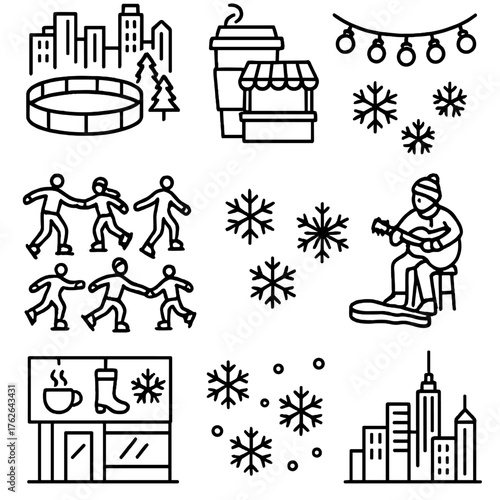 Winter Recreation City Activities outline icon set: outdoor rink, hot drink stand, string lights, crowd skating, neon signs, street musician, snowflakes, skyline.