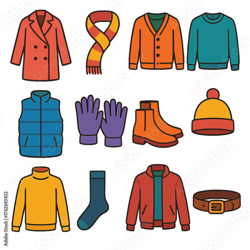Layered Outfits flat icons: coat, scarf, cardigan, sweater, vest, gloves, boots, hat, turtleneck, socks, jacket, belt.