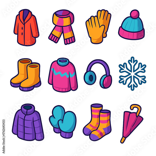 Winter Fashion flat isometric set: wool coat, scarf, gloves, knit hat, boots, sweater, earmuffs, snowflake, jacket, mittens, socks, umbrella.