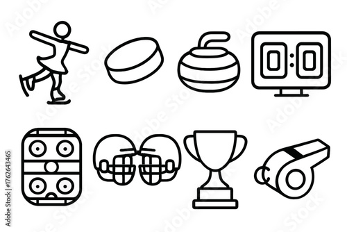 Winter Competitions Ice Events outline icon set: figure skater, hockey puck, curling stone, scoreboard, ice rink, team helmets, trophy cup, whistle.