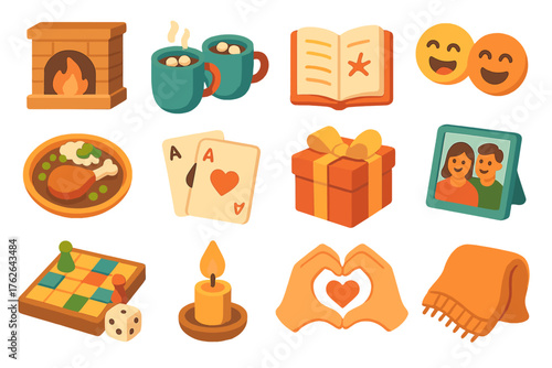 Holiday Icebreakers Family — Warm Flat Icons flat isometric set: cozy fire, cocoa mugs, storytelling book, laughing faces, shared meal, playing cards, gift box, memory photo, board