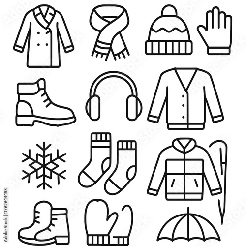 Winter Fashion outline icon set: coat, scarf, knitted hat, gloves, boots, earmuffs, cardigan, mittens, snowflake, wool socks, jacket, umbrella.