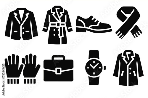 Winter Business silhouette set: blazer, trench coat, dress shoes, wool scarf, gloves, portfolio, watch, overcoat.