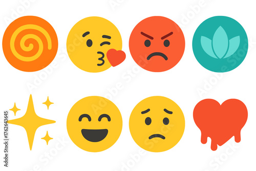 Emotion flat icons: confused swirl, love kiss, angry thunderbolt, calm lotus, radiant star, cheerful laughter, worried face, melting heart.