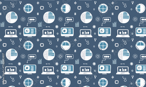 Seamless pattern with data analytics and business icons,Vector flat technology background on a dark blue backdrop