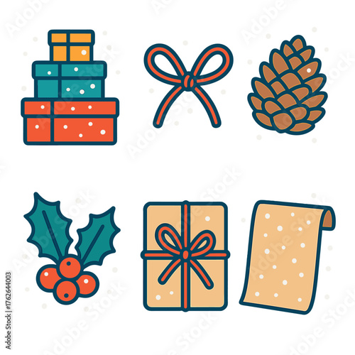 Winter Packaging flat icons: package stack, twine bow, pinecone, holly sprig, paper wrap, snow dust.