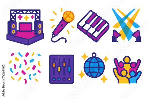 New Year’s Eve Music flat isometric set: stage setup, glowing mic, piano keys, dancing lights, sound mixer, confetti rain, disco globe, lively crowd.