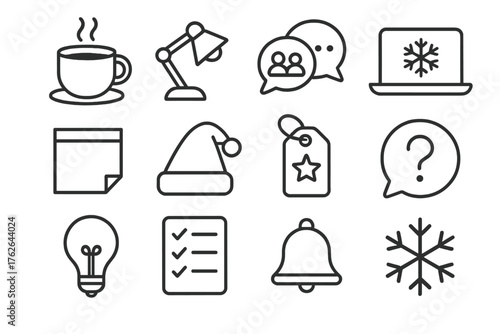 Holiday Icebreakers Office — Soft Line Art outline icon set: coffee cup, desk lamp, team chat, laptop screen, sticky note, holiday hat, gift tag, question bubble, light bulb,