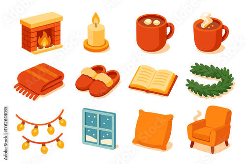 Christmas Mood Cozy Home Style flat isometric set: crackling fireplace, glowing candle, cup of cocoa, blanket, slippers, open book, pine garland, string lights, window snow view,