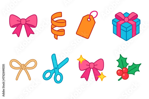 Ribbon Ties flat isometric set: satin bow, curled ribbon, tag label, gift box, twine knot, scissors, sparkling bow, holly sprig.