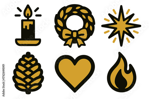 Festive Glow silhouette set: candlelight, wreath, glow burst, pinecone, heart, flame.