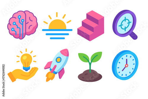 2026 Mindset flat isometric set: brain circuit, sunrise, stairs, focus lens, hand holding light, rocket, seed sprouting, clock.