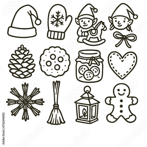 Christmas Elves Rustic Storybook outline icon set: felt hat, wool mitten, wooden toy, twine bow, pinecone, cookie, jar of buttons, hand-stitched heart, straw star, broom, small