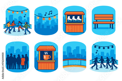 Ice Skating Joy City Rink flat icons: skyline backdrop, string lights, skate rental booth, benches, hot chocolate stand, crowd silhouettes, festive music notes, rink barriers.