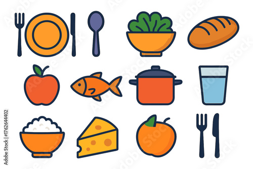 Food intake flat icons: plate, fork and knife, spoon, bowl, bread loaf, apple, salad, fish, soup pot, glass of water, rice bowl, cheese wedge.