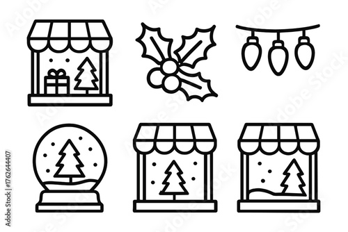 Winter Storefronts outline icon set: window display, holly branch, light string, snow globe, tree, cozy glow.