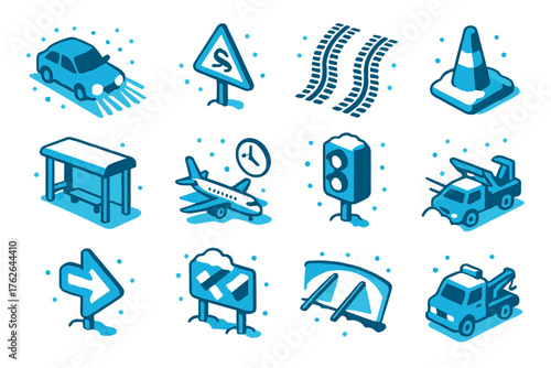 Winter Whiteouts Travel — Minimal Duotone flat isometric set: car headlights in snow, slippery road sign, tire tracks, caution cone, bus stop, airplane delay, traffic light,