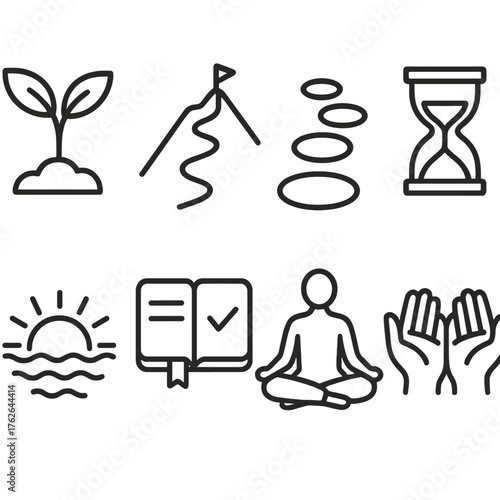 New Year Inspiration — Personal growth outline icon set: tree sprout, mountain trail, stepping stones, hourglass, sunrise over water, journal page, meditation pose, open hands.