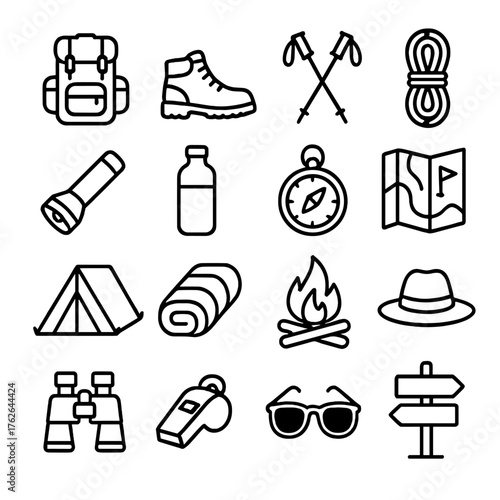 Hiking Backpack outline icon set: hiking boots, trekking poles, rope, flashlight, water bottle, compass, map, tent, sleeping bag, campfire, hat, binoculars, whistle, sunglasses,
