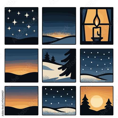 Winter Solstice Light Night to Dawn silhouette set: starlit sky, horizon glow, snowy landscape, candle in window, soft gradient light, pine shadow, gentle snow, morning warmth.