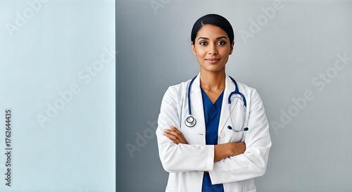 Confident female doctor in white lab coat and blue scrubs with stethoscope, arms crossed, standing against a light background.