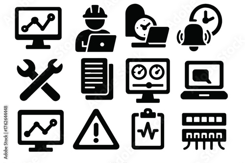 Data Center Operations silhouette set: monitoring screen, technician with laptop, alert bell, maintenance wrench, system logs, control dashboard, uptime clock, performance graph,