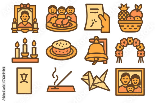 New Year Culture Heritage — Warm Pastel Icons silhouette set: ancestral altar, family feast, handwritten wish note, fruit basket offering, candle ceremony, traditional dish, temple