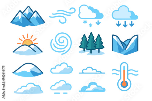 Winter Weather Fronts Atmospheric Scene flat isometric set: snowy mountain ridge, gusting wind, cloud front, cold wave, sunrise over frost, air current swirl, pine forest, icy